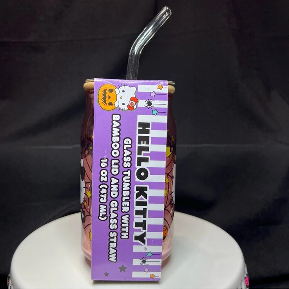 Sanrio Hello Kitty Pink Halloween Skeleton Spiderweb Glass Tumbler w/Bamboo Lid - Picture 3 of 10